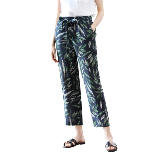 GeleiStory/GeleiStory 夏季新款歐美女褲印花亞麻九分褲奢華女褲 女士休閑褲