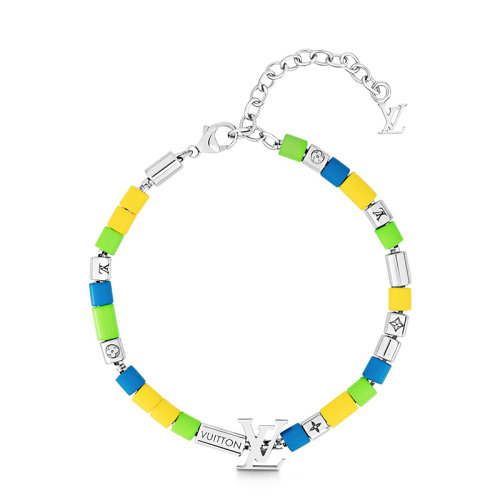 Louis Vuitton/路易威登 22春夏新款LV SUNRISE系列 黃綠藍(lán)啞光樹脂配銀色金屬串珠銀色徽標(biāo)造型吊飾手串手鏈M00653