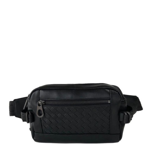 Bottega Veneta/葆蝶家 女士黑色尼龍編織皮裝飾拉鏈開合腰包胸包女包 548220-VQ129-1000