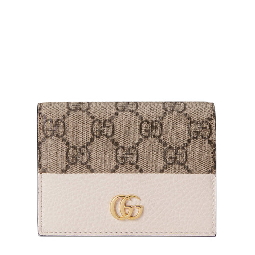 GUCCI/古馳 經(jīng)典款GG Marmont系列 女士米色/烏木色老花帆布白色皮革細(xì)節(jié)金色調(diào)配件卡包65861017WAG9096