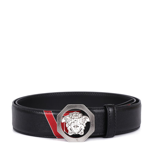 VERSACE 范思哲 男士 黑色皮革八角形美杜莎頭像紅色字母LOGO板扣皮帶腰帶 男士腰帶 DCU6715-DSAVV-DMXPS