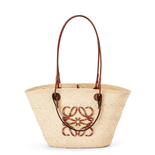 LOEWE/羅意威 22新款Basket系列 女士原色/棕褐色棕櫚纖維配牛皮革徽標壓紋貼片單肩手提包A223T43X02-2435