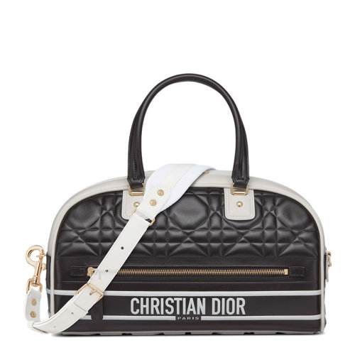 DIOR/迪奧 22春夏新款VIBE系列 女士中號(hào)黑色/白色牛皮革絎縫效果超大藤格紋金扣拉鏈開合單肩斜跨手提保齡球包M6202OFCA_M911