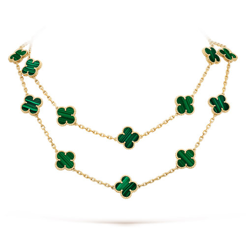 Van Cleef & Arpels/梵克雅寶 經(jīng)典Vintage Alhambra系列 18K金黃金鑲嵌綠色孔雀石長款20花四葉草項(xiàng)鏈VCARL88100