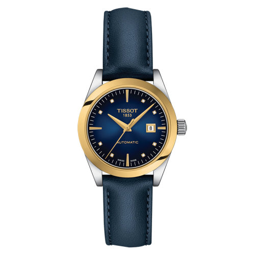 TISSOT/天梭 明媛系列 女士漸變藍色表盤自動機械機芯精鋼表殼皮質(zhì)表帶腕表29毫米T930.007.46.046.00