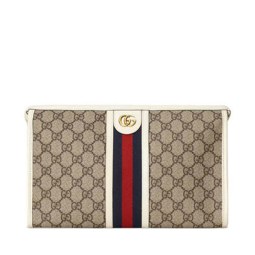 GUCCI/古馳 22春夏新款Ophidia系列 男士米色/烏木色老花帆布白色皮革滾邊紅藍(lán)織帶裝飾金扣手拿包59823496IWT9794