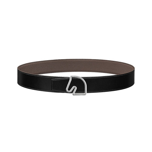 HERMES/愛(ài)馬仕 馬頭系列 黑/大象灰色荔枝紋小牛皮 男士雙面銀扣皮帶38毫米H081656CK05/H077971CAAG080