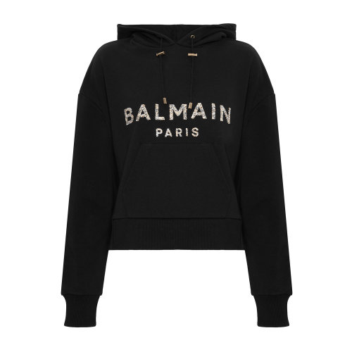 Balmain/巴爾曼 黑色 女士亮片徽標(biāo)飾Cropped帽衫連帽衛(wèi)衣 UF13792I510  早秋