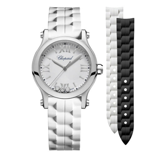  Chopard/蕭邦 Happy Sport系列 石英表精鋼表殼鑲鉆白盤橡膠表帶女表30毫米278590-3001