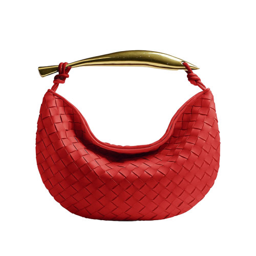 Bottega Veneta/葆蝶家 22新款 女士蘋果紅色羔羊皮編織配金屬手柄磁扣開合黃銅飾面手提包716082VCPP16303