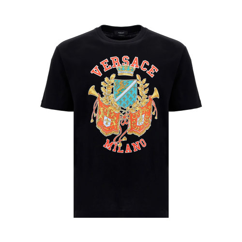 VERSACE/范思哲 男士黑色棉質(zhì)彩色徽標印花裝飾圓領(lǐng)短袖上衣T恤 1005188-1A03480-1B000