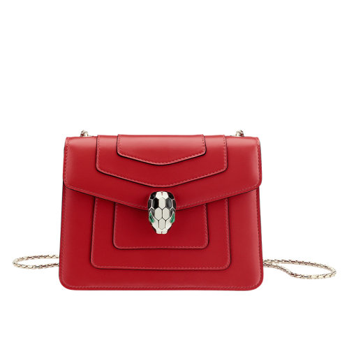 BVLGARI/寶格麗 經(jīng)典款SERPENTI FOREVER系列 深紅色滑面小牛皮琺瑯蛇首鏈條小號單肩包280159