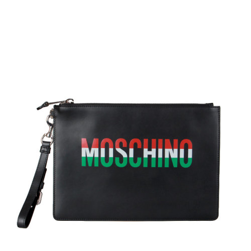 MOSCHINO/莫斯奇諾  男包女包黑色皮革時(shí)尚百搭紅白綠條LOGO手拿包  $A840380013555