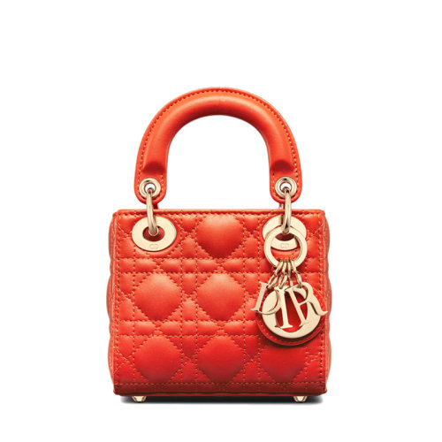 DIOR/迪奧 22春夏新款LADY DIOR系列 女士超迷你亮橙色藤格紋羊皮革單肩斜挎手提戴妃包S0856ONGE_M37O