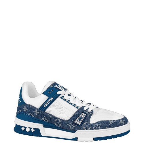 Louis Vuitton/路易威登 22年早春新款 LV TRAINER系列 男士海藍(lán)色/白色老花丹寧布拼粒面牛皮革運動鞋1A9JGP