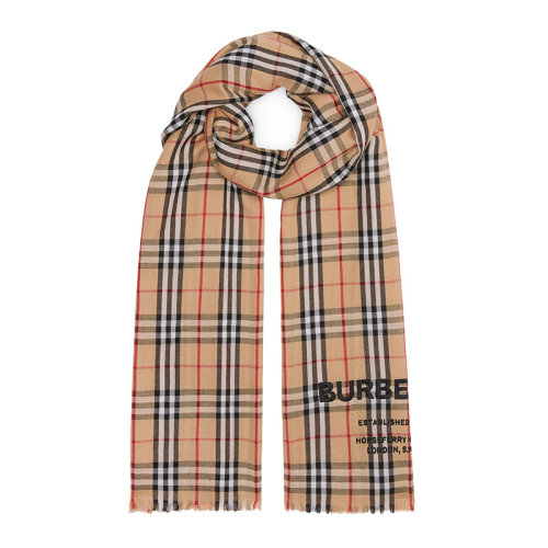 BURBERRY/博柏利 男女同款中性情侶款經(jīng)典英倫風(fēng)格紋駝色Vintage輕盈刺繡細(xì)穗流蘇logo羊絨圍巾圍脖 8009293