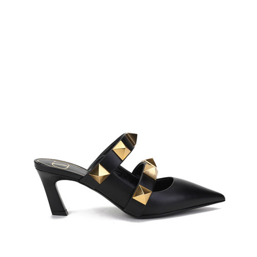 Valentino/華倫天奴 女士牛皮Roman Stud超大鉚釘裝飾尖頭高跟穆勒鞋涼拖 WW2S0BM6 KET