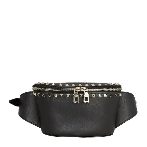 Valentino/華倫天奴 女士黑色皮革經(jīng)典字母徽標印花鉚釘裝飾雙向拉鏈開合腰包女包 RW2B0D15-BOL-0NO