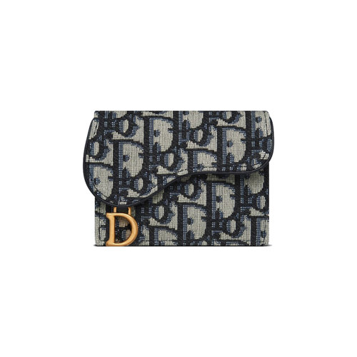 DIOR/迪奧 23新款 LADY系列 女士藍(lán)色提花帆布金色字母吊飾馬鞍形翻蓋開合卡包S5610CTZQ_M928