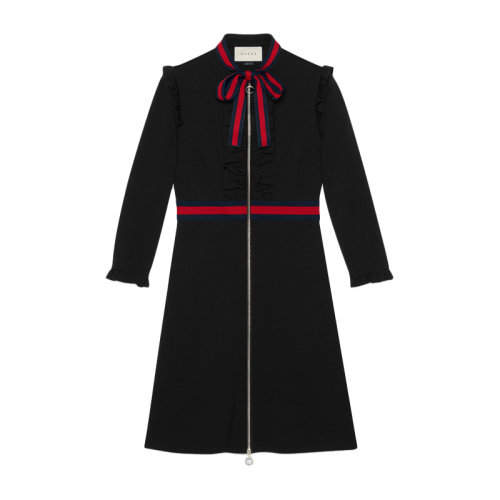 GUCCI/古馳  女裝 服飾 黑色混紡蝴蝶結(jié)長袖女士連衣裙