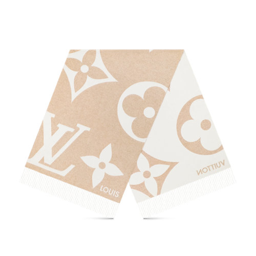 Louis Vuitton/路易威登 22年秋冬新款 THE ULTIMATE SHINE系列 女士米色桑蠶絲和山羊絨混紡老花圖案流蘇圍巾M77855
