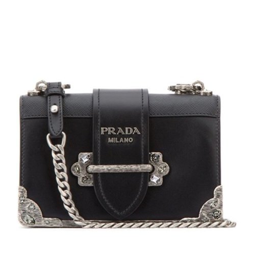 PRADA/普拉達 18年秋冬 logo 鏈條 女包  女性 Cahier系列 小方包 黑色 單肩包 1BH018VCKH2BB0 F0002 有瑕疵 包袋背面有壓痕