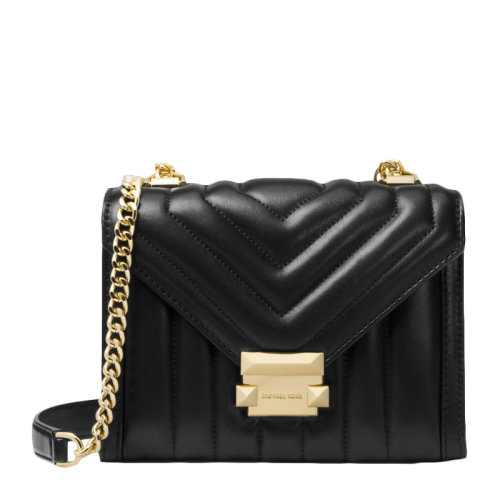 Michael Kors/邁克·科爾斯 WHITNEY系列女士純色皮革金屬徽標(biāo)搭扣式單肩包斜挎包鏈條包女包30F8GXIL1T-BLACK