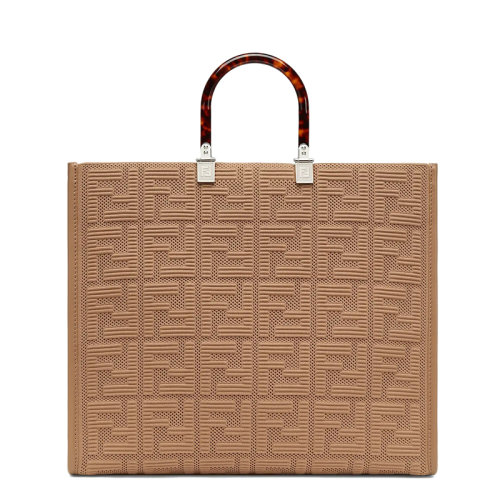 FENDI/芬迪 SUNSHINE系列 女士大號米色FF圖案布料玳瑁殼效果硬質(zhì)樹脂玻璃手柄手提包8BH372AHWCF09YL