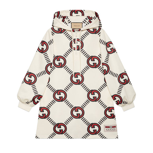 GUCCI/古馳 22秋冬新款 女士米色聚酯纖維/棉混紡紅色雙G針織兜帽連衣裙681269XJD1H9118