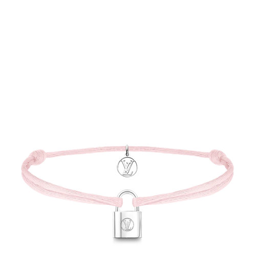Louis Vuitton/路易威登 Silver Lockit系列 經(jīng)典款粉色有機(jī)棉可回收銀LV雕刻掛鎖手鏈Q(jìng)05172