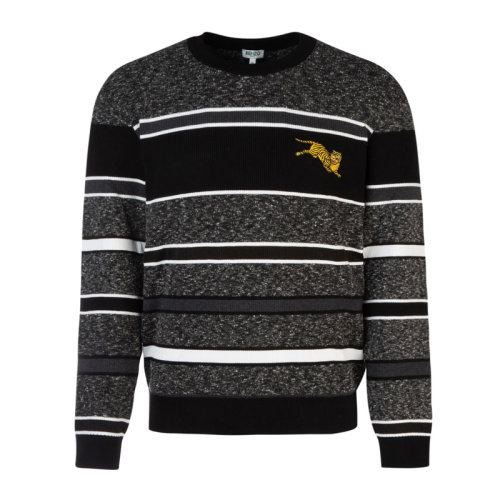 Kenzo/高田賢三  男裝 服飾 黑色混紡條紋logo刺繡標(biāo)識(shí)時(shí)尚圓領(lǐng) 男士針織衫毛衣