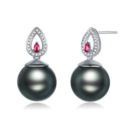 【新品】SANDYRILLA/仙蒂瑞拉 通勤風紅寶12-13mm大溪地黑珍珠18K金鉆石耳釘