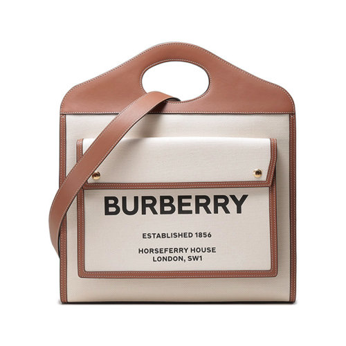 BURBERRY/博柏利 【22秋冬新款】 女款織物配皮手提單肩包口袋包托特包中號 80393621