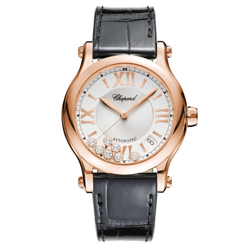  Chopard/蕭邦  Happy Sport系列 自動(dòng)機(jī)械表玫瑰金表殼鑲鉆表盤皮質(zhì)表帶女表36毫米274808-5001