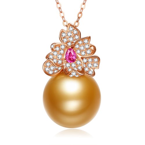 SANDYRILLA/仙蒂瑞拉 奢美質感14-15mm南洋海水金珍珠18K金鉆石紅寶吊墜