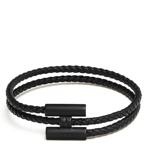 HERMES/愛馬仕 經(jīng)典款Tournis系列 黑色小牛皮編織飾H黑扣手鏈（17.5cm/18.5cm/19.5cm）H077300FI89