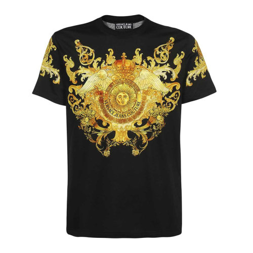 VERSACE JEANS/范思哲牛仔 男士黑色棉質(zhì)經(jīng)典洛可可圖案印花裝飾圓領(lǐng)短袖上衣T恤 B3GWA7S1-S0274-899