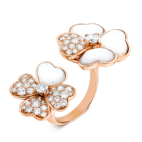 Van Cleef & Arpels/梵克雅寶 經(jīng)典Cosmos系列 18k金玫瑰金鑲嵌鉆石白色珍珠母貝四葉草開口戒指指環(huán)VCARO55100