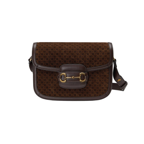 GUCCI/古馳 23春夏新款 Horsebit 1955系列 女士深棕色絨面革金色飾面馬銜扣細節(jié)按扣肩帶翻蓋開合單肩斜挎包602204AABE22155