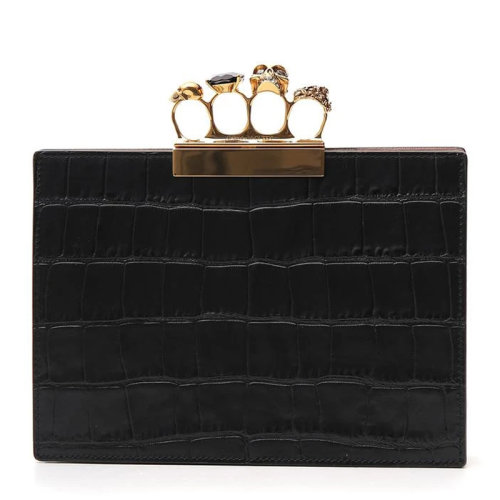 Alexander McQueen/亞歷山大麥昆 女士黑色小牛皮鱷魚紋印花四環(huán)短款錢包手拿包女包 554149-DZT0T-1000