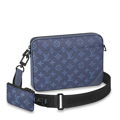 Louis Vuitton/路易威登 經(jīng)典款DUO系列 男士藏青色老花皮革黑扣配可拆卸小袋單肩斜挎多功能郵差包M45730