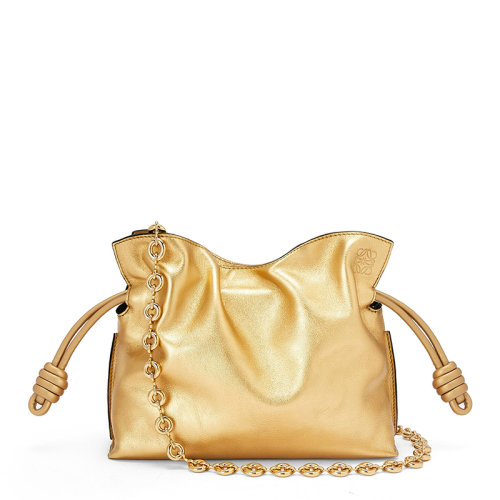 LOEWE/羅意威 22新款Flamenco系列 女士迷你金色小牛皮配鏈條肩帶抽繩開合單肩手拿包A411FC2X36-8130