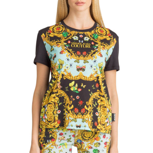 VERSACE JEANS/范思哲牛仔 女士黑色棉質(zhì)經(jīng)典彩色字母徽標(biāo)印花裝飾圓領(lǐng)短袖上衣T恤 B2HUA7EP-36242-112