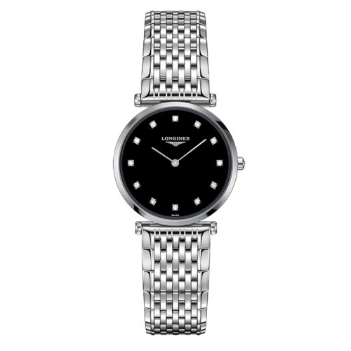 LONGINES/浪琴  嘉嵐系列 石英表鑲鉆黑盤精鋼表殼鋼鏈男女同款表29毫米L4.512.4.58.6