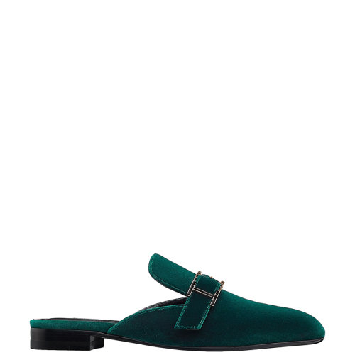 HERMES/愛馬仕 22年秋冬新款 Beauty系列 女士石油綠色天鵝絨面料飾Hapi搭扣穆勒鞋涼拖H202001Z65360