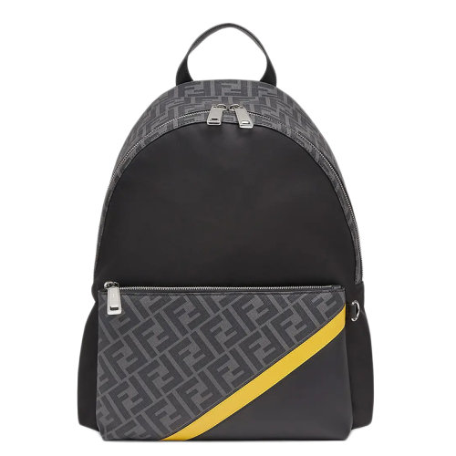 FENDI/芬迪   男士黑色尼龍灰色FF壓紋織物側面黃色皮革細節(jié)雙肩包7VZ042A9XTF17BJ