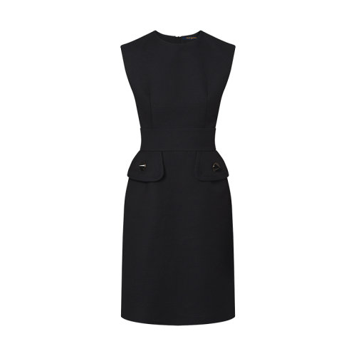 Louis Vuitton/路易威登 22年春夏新款 女士黑色棉質(zhì)真絲混紡翻蓋口袋小黑裙連衣裙1A9M29