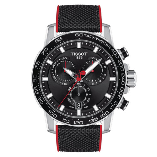 TISSOT/天梭 速敢系列 男士黑色表盤石英機芯精鋼表殼黑色和紅色織物表帶腕表45.5毫米T125.617.17.051.01