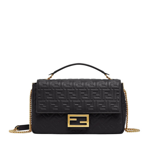 FENDI/芬迪 BAGUETTE系列 女士大號(hào)黑色FF圖案壓紋小羊皮復(fù)古金色金屬扣鏈條斜挎單肩法棍包8BR795AH9CF1CFJ