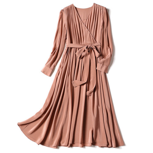 GeleiStory/GeleiStory 秋季新款法式V領(lǐng)氣質(zhì)收腰褶邊長(zhǎng)袖真絲連衣裙 桑蠶絲女士連衣裙